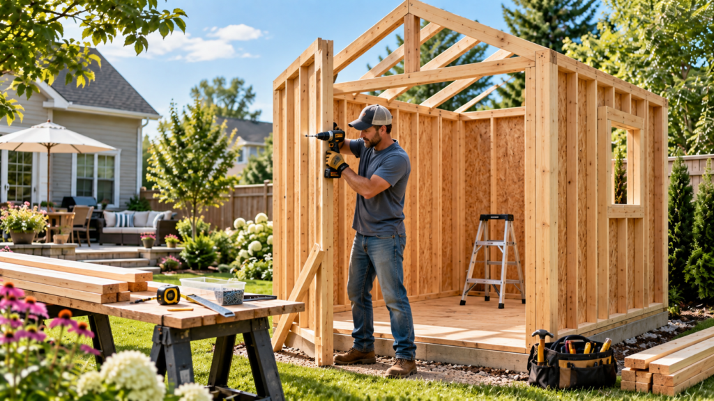 DIY homeowner building a wooden backyard shed